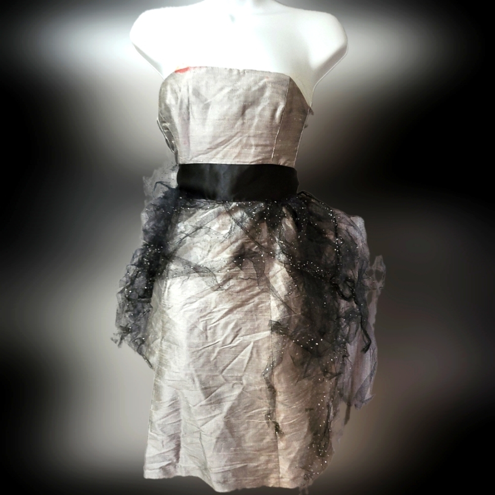 🎃GirlsZombie undead prom Black & Grey satin ragged strapless  Halloween Costume